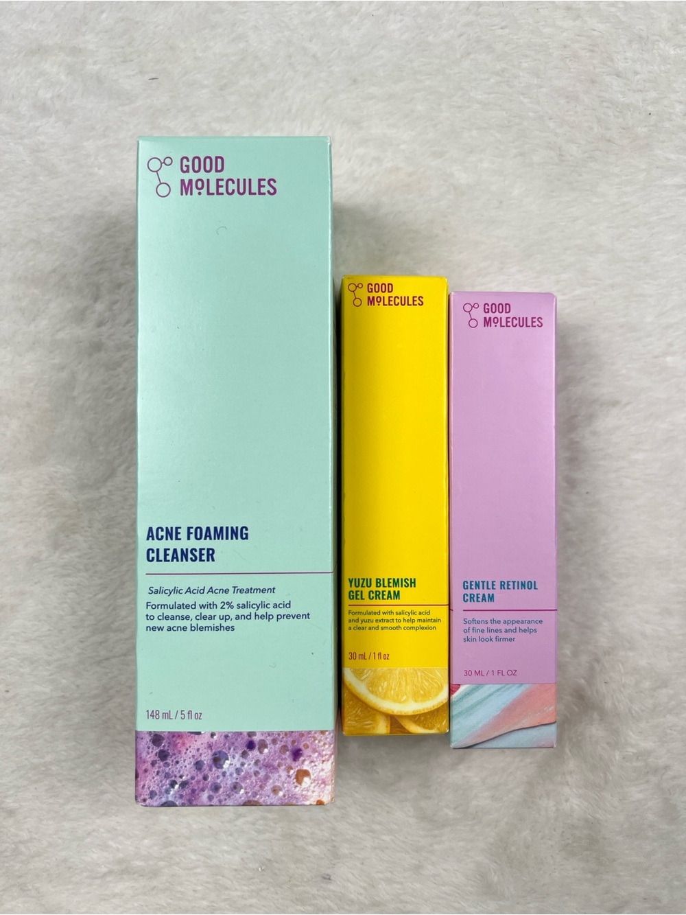 Good Molecules 3 Piece Skincare Bundle Acne Cleanser Yuzu Retinol NEW